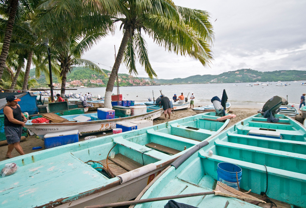 B3CDCE ZIHUATANEJO, Mexico - The fish market on the beach at Playa Principal, Zihuatanejo, Mexico. When the local fisherman return about dawn, they sell their catches at a beach fish market to early morning buyers. Being a traditional fishing village, the seafood in Zihuatanejo is superb.